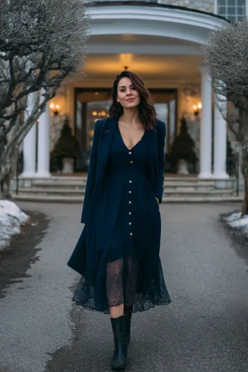 A curvy woman wears a midnight blue long-sleeve dress with pearl button accents and a sheer lace hem, paired with dark boots and a longline wool coat