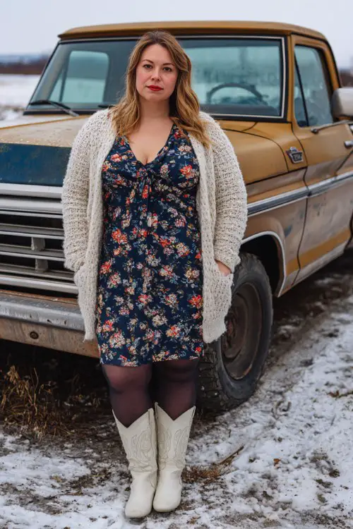 A curvy woman wears a navy floral dress with ruffle details, opaque black tights, and white cowboy boots, layered with a longline knit cardigan