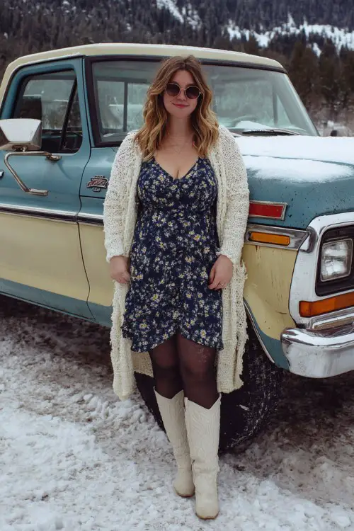 A curvy woman wears a navy floral dress with ruffle details, opaque black tights, and white cowboy boots, layered with a longline knit cardigan