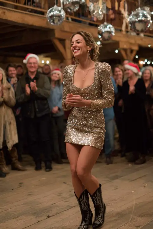 A curvy woman wears a shimmering gold sequin mini dress with structured shoulders and black embroidered cowboy boots