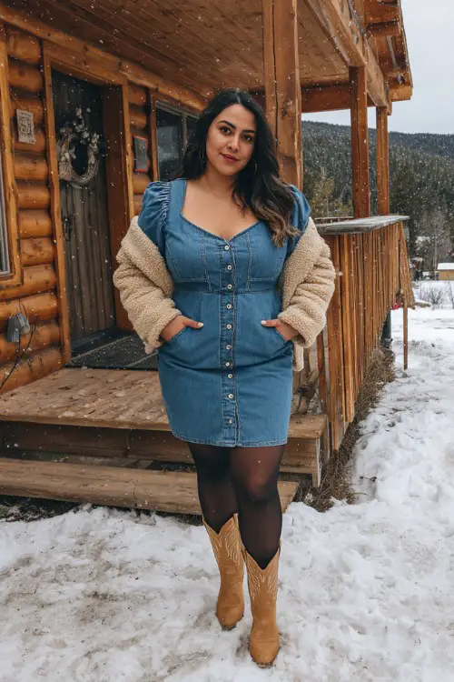 A curvy woman wears a short denim dress with puff sleeves, black tights, and tan cowboy boots, styled with a teddy jacket