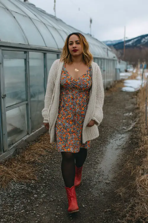A curvy woman wears a tiered floral midi dress with black tights, an oversized cardigan, and red cowboy boots