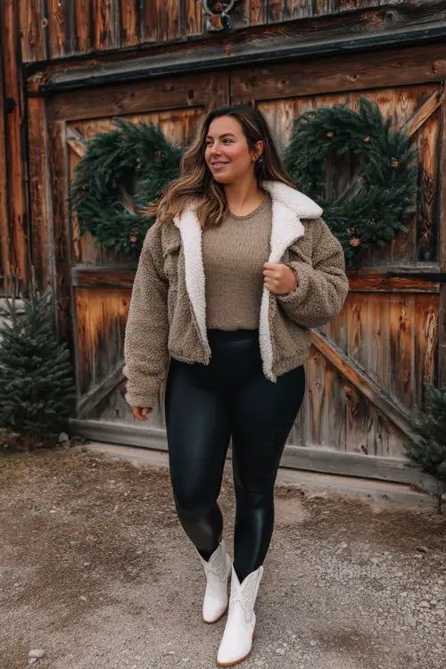 A curvy woman wears black leggings with white cowboy boots, an oversized oatmeal sweater, and a shearling-lined cropped jacket