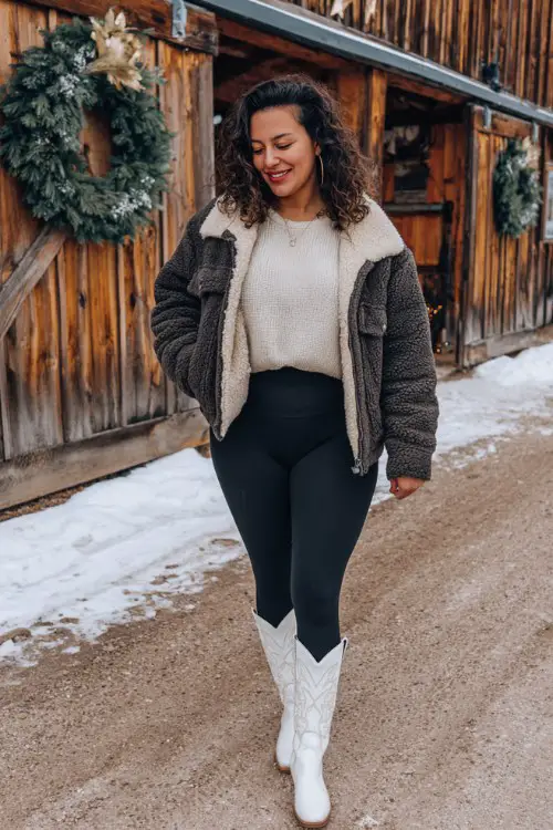 A curvy woman wears black leggings with white cowboy boots, an oversized oatmeal sweater, and a shearling-lined cropped jacket