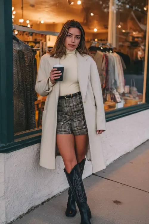 A curvy woman wears black tall cowboy boots with a plaid mini skirt, cream turtleneck, and long wool coat