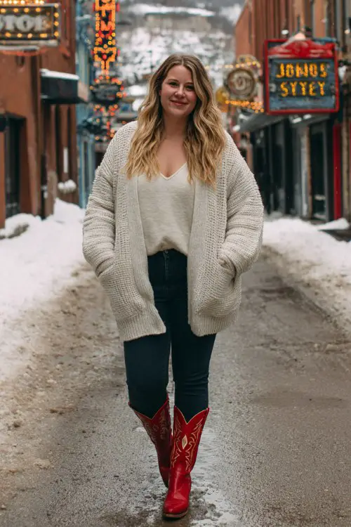 A curvy woman wears dark leggings, an oversized cream cardigan, and red cowboy boots 
