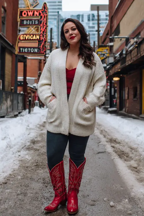 A curvy woman wears dark leggings, an oversized cream cardigan, and red cowboy boots