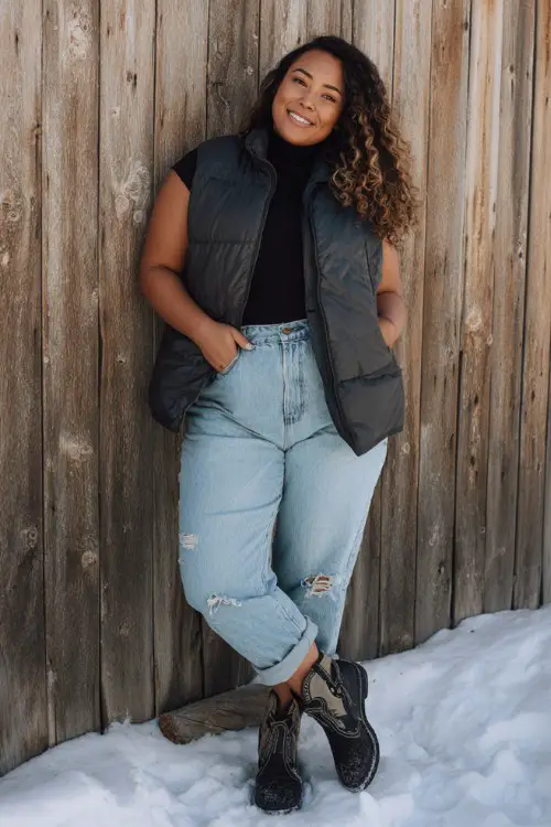 A curvy woman wears distressed jeans cuffed above short black cowboy boots, a fitted turtleneck, and a puffer vest