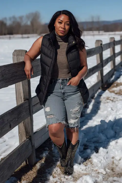 A curvy woman wears distressed jeans cuffed above short black cowboy boots, a fitted turtleneck, and a puffer vest