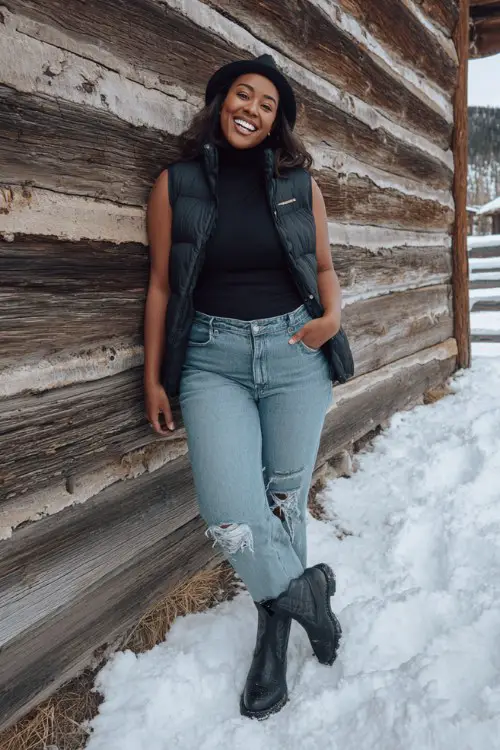 A curvy woman wears distressed jeans cuffed above short black cowboy boots, a fitted turtleneck, and a puffer vest