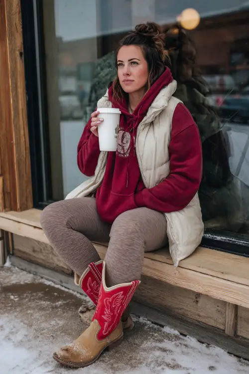 A curvy woman wears fleece-lined leggings with a burgundy hoodie, an oversized beige puffer vest, and short red cowboy boots