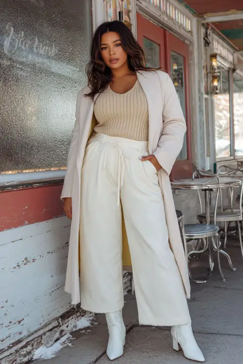 A curvy woman wears high-waisted wide-leg wool trousers cropped above white cowboy boots, paired with a beige ribbed knit top and a soft wrap coat