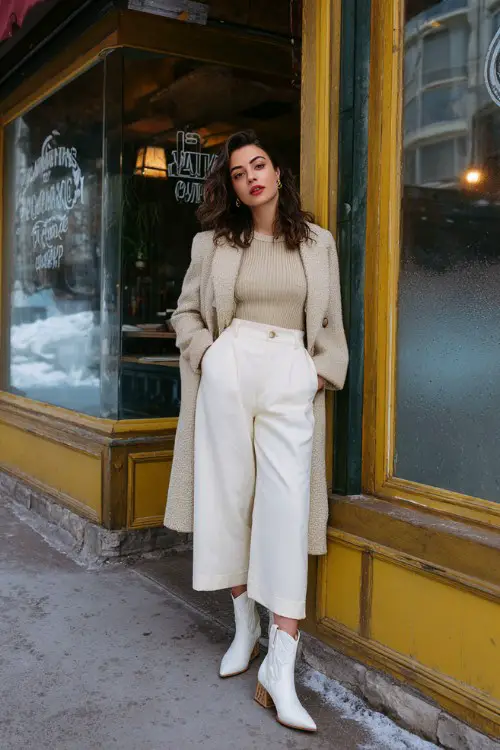 A curvy woman wears high-waisted wide-leg wool trousers cropped above white cowboy boots, paired with a beige ribbed knit top and a soft wrap coa