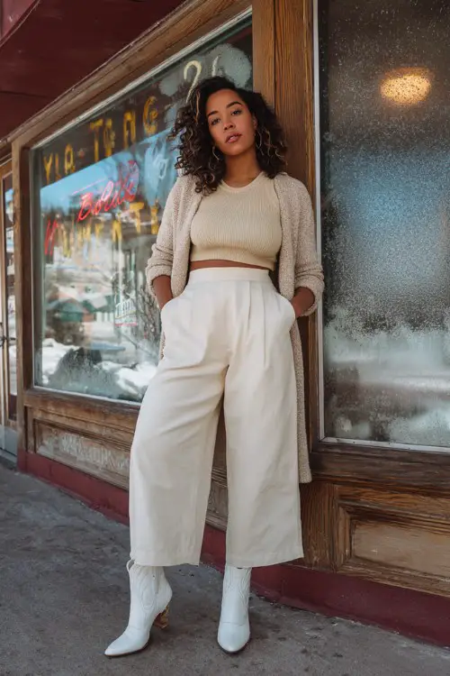 A curvy woman wears high-waisted wide-leg wool trousers cropped above white cowboy boots, paired with a beige ribbed knit top and a soft wrap coat