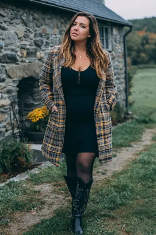 A plus-size woman wears a black bodycon dress layered under a long plaid coat, paired with thick tights and tall black cowboy boots