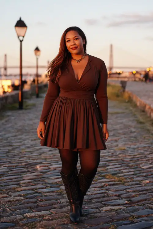 A plus-size woman wears a chocolate brown A-line dress with full sleeves, thick black tights, and tall black cowboy boots, standing on a cobblestone path at dusk