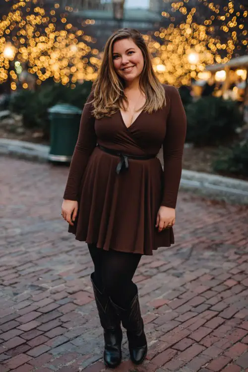 A plus-size woman wears a chocolate brown A-line dress with full sleeves, thick black tights, and tall black cowboy boots