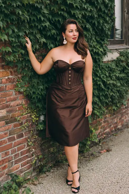 A plus-size woman wears a chocolate-brown cocktail dress with sweetheart neckline, corset-style bodice, and satin skirt (2)
