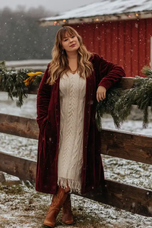 A plus-size woman wears a cozy cream cable-knit sweater dress tucked under a long red velvet duster coat with fringe, styled with brown cowboy boots