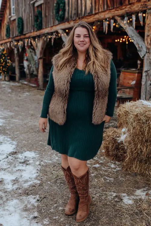 A plus-size woman wears a dark green ribbed knit dress with a faux fur vest and brown cowboy boots
