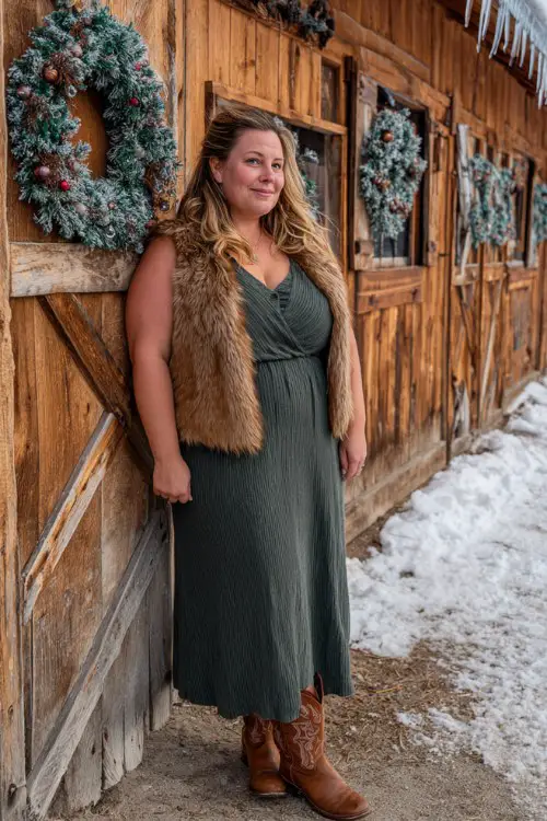 A plus-size woman wears a dark green ribbed knit dress with a faux fur vest and brown cowboy boots