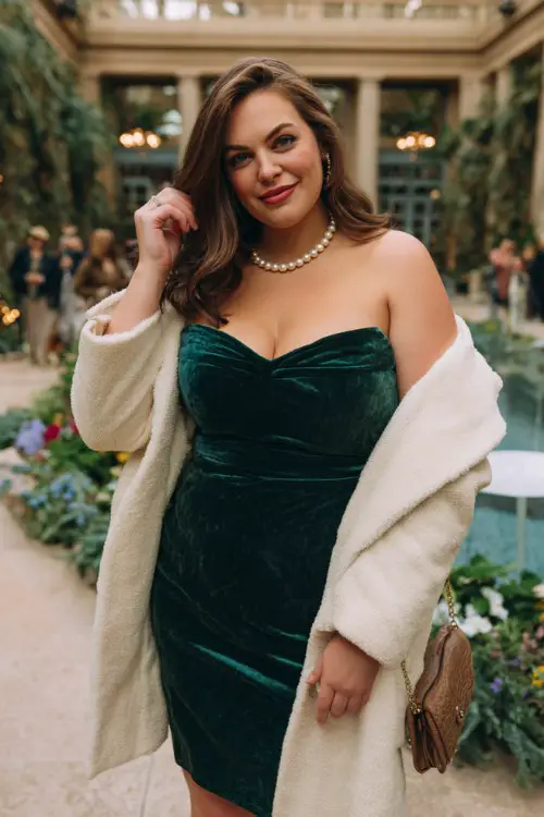 A plus-size woman wears a dark green velvet off-shoulder dress, cream wool coat draped over her shoulders, and pearl necklace