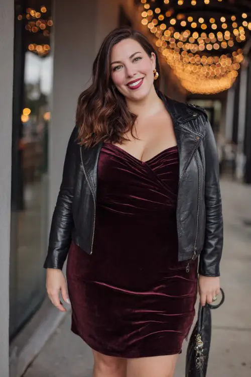 A plus size woman wears a deep wine velvet dress with long sleeves, accessorized with a black leather jacket