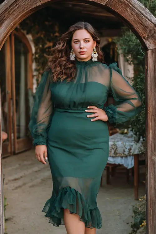 A plus-size woman wears a forest-green chiffon midi dress with sheer sleeves and a ruffle hem, styled with ankle-strap heels and pearl earrings