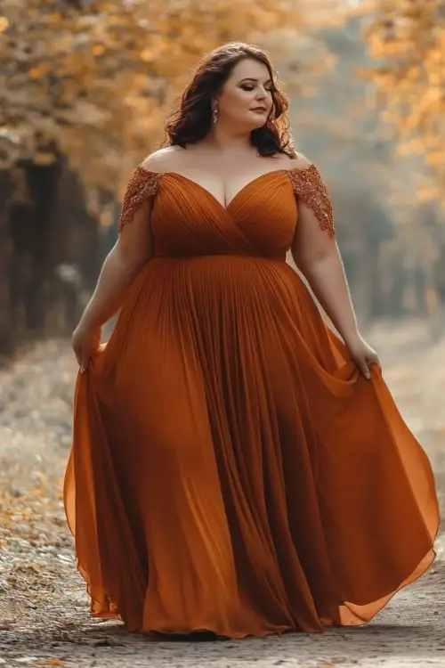 A plus size woman wears a long rust wedding guest dress with short lace sleeves