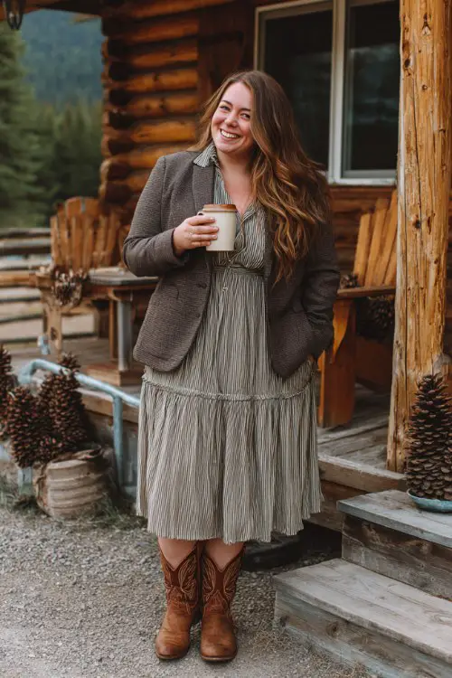 A plus-size woman wears a pleated midi dress with a wool blazer and brown cowboy boots