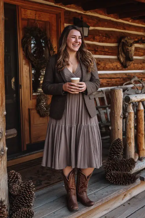 A plus-size woman wears a pleated midi dress with a wool blazer and brown cowboy boots