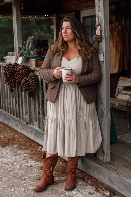 A plus-size woman wears a pleated midi dress with a wool blazer and brown cowboy boots