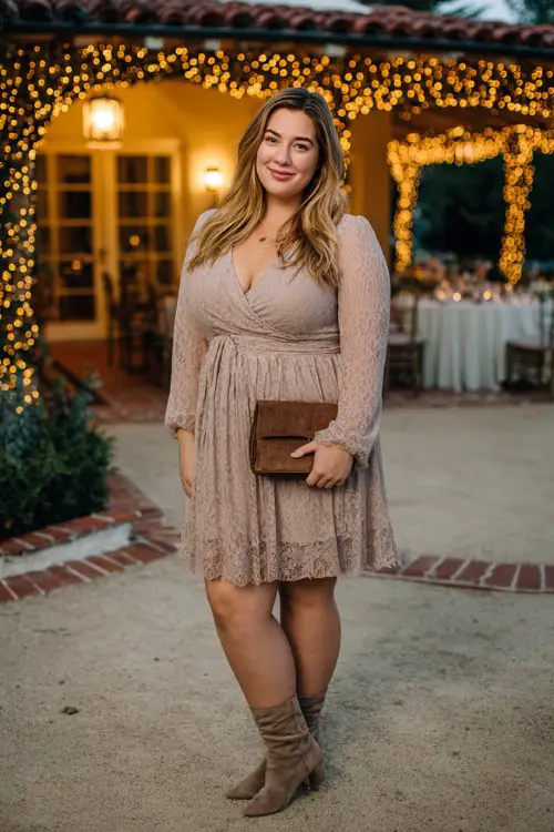 A plus-size woman wears a taupe long-sleeve fit-and-flare dress with delicate lace detailing, paired with ankle boots and a leather clutch