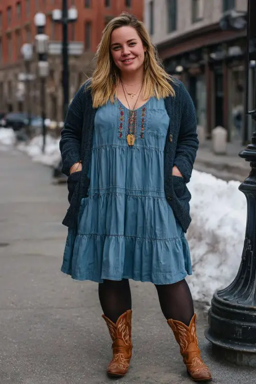 A plus-size woman wears a tiered denim midi dress with a cardigan layered on top, black tights, and embroidered brown cowboy boots