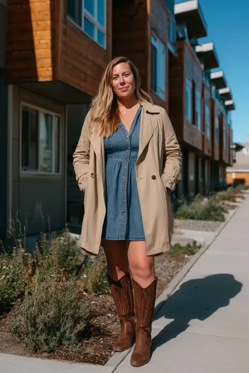 A plus size woman wears brown tall cowboy boots with a denim dress and a beige trench coat
