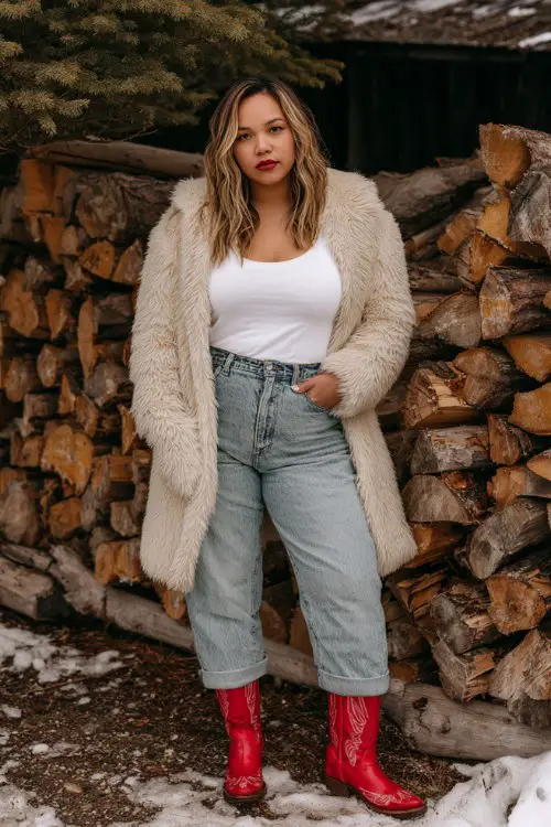A plus-size woman wears light-wash jeans tucked into red cowboy boots, a white thermal top, and a faux fur cropped coat