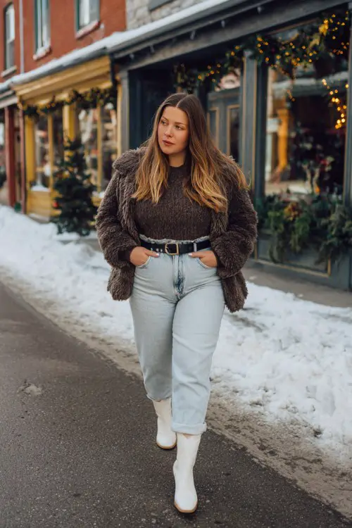 A plus-size woman wears straight-leg jeans with a tucked-in chunky knit and short white cowboy boots, wrapped in a belted faux fur coat