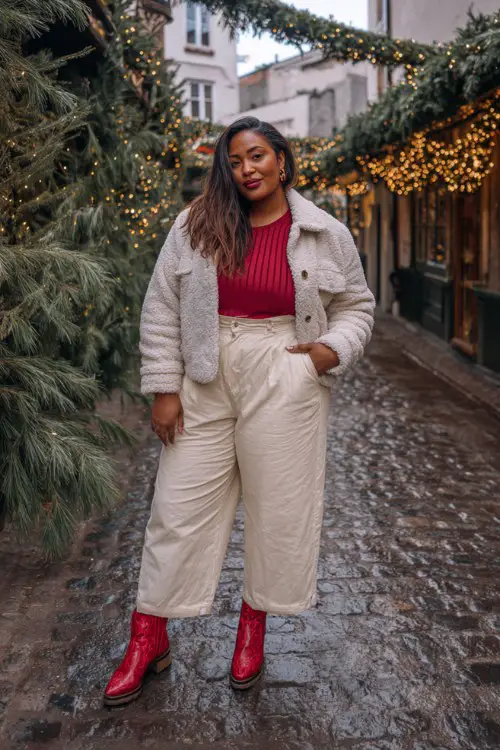 A plus-size woman wears wide-leg cream trousers cropped above red cowboy boots, a ribbed knit top, and a teddy jacket