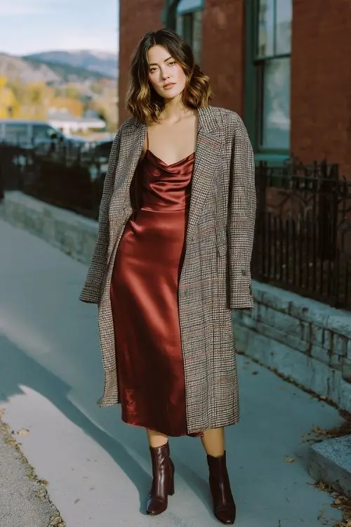 A woman in a maroon satin midi dress under a structured plaid coat, styled with ankle boots