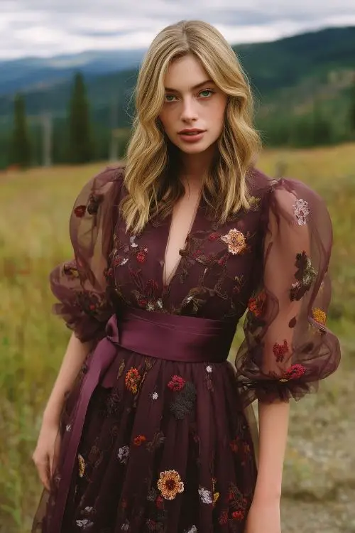 A woman in a wine-colored organza tea-length dress with puff sleeves, floral embroidery, and satin ribbon belt for fall wedding