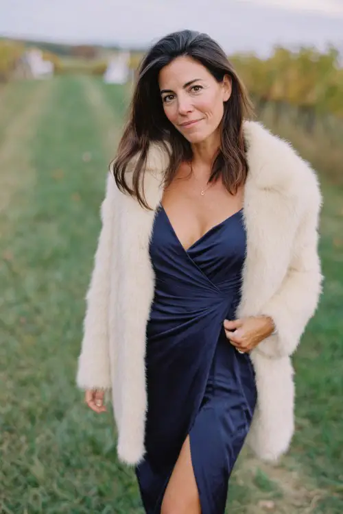 A woman in her 40s wears a navy wrap dress with a thigh slit and a soft cream fur coat