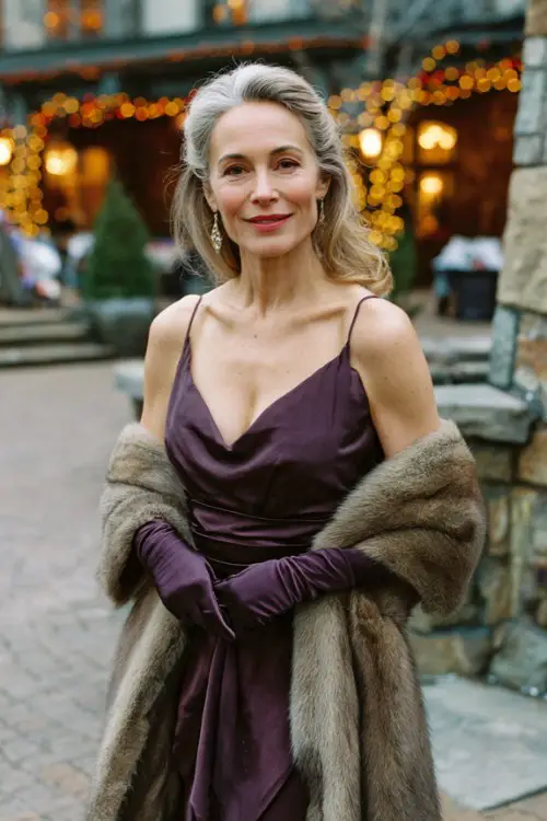 A woman in her 50s wears a deep plum long-sleeve gown with satin gloves and a faux-fur wrap
