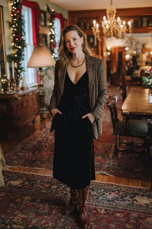 A woman over 30 wears a black velvet dress with a deep neckline, layered with a plaid blazer and brown cowboy boots