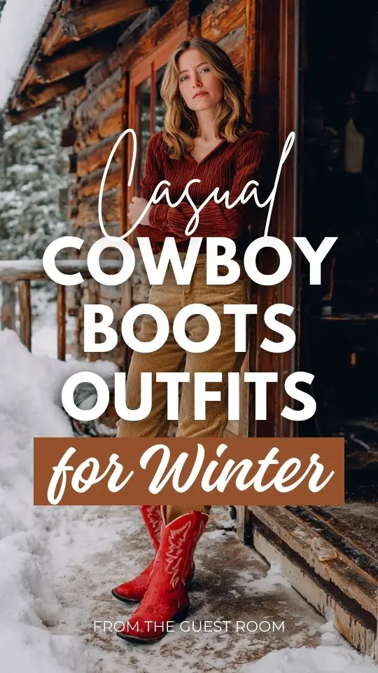 A woman over 30 wears a casual cowboy boots outfit with cow high-rise corduroy pants with a relaxed pullover