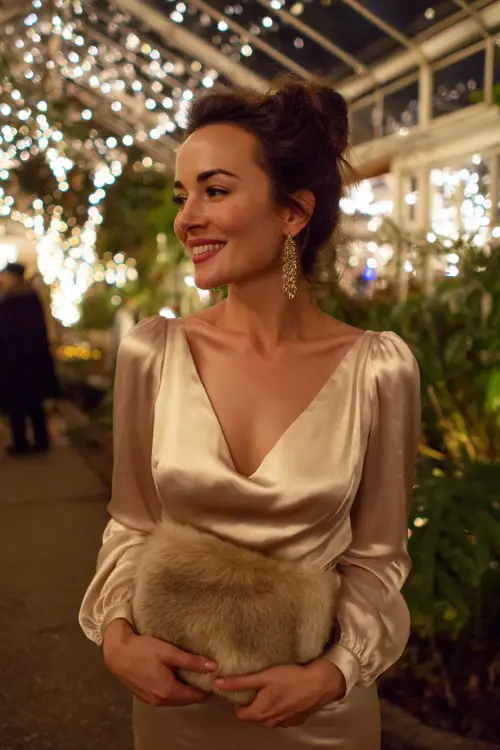 A woman over 30 wears a champagne satin dress with full-length sleeves and crystal earrings, holding a fur clutch