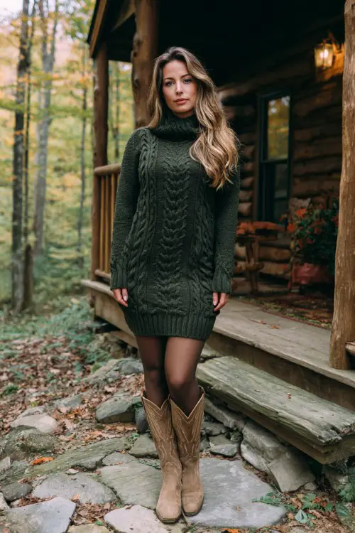A woman over 30 wears a dark green cable-knit sweater dress, semi-sheer tights, and distressed tan cowboy boots