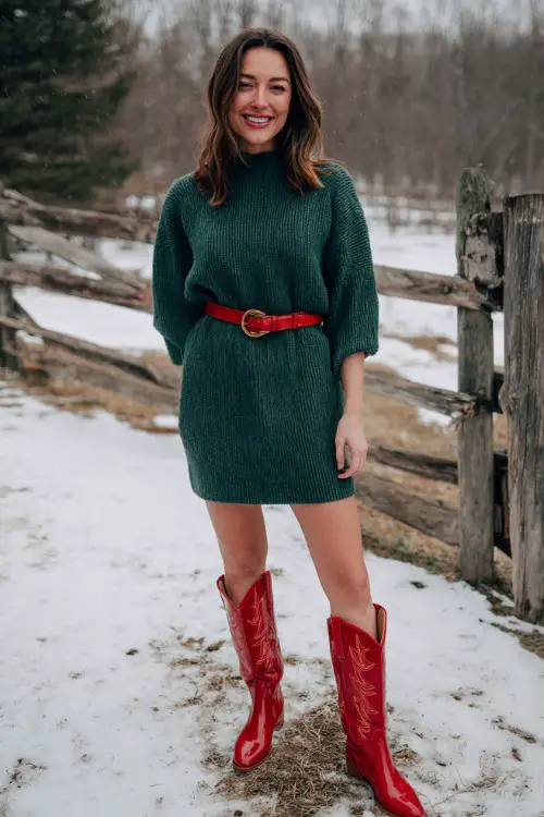 A woman over 30 wears a forest-green sweater dress belted at the waist with glossy red cowboy boots (2)