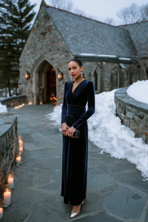 A woman over 30 wears a long navy velvet gown with long sleeves, pearl earrings, and silver heels