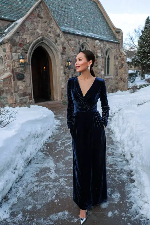 A woman over 30 wears a long navy velvet gown with long sleeves, pearl earrings, and silver heels