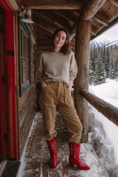 A woman over 30 wears high-rise corduroy pants with a relaxed pullover and short red cowboy boots